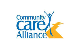 Community care Alliance logo with a stick figure person standing over an orange path