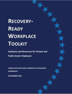 Recovery friendly workplace toolkit. Title on a dark blue background with a ring of stars