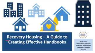 Recovery housing guide presentation first page showing clip art icons of houses and the bhddh agency logo 